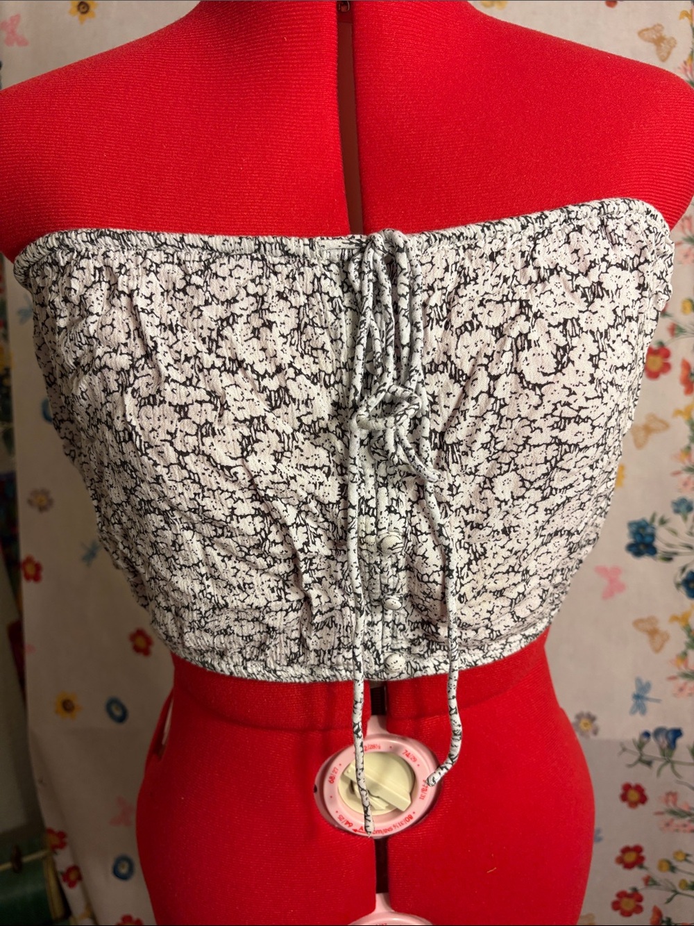 Volcom Black & White Smocked Strapless Crop Top